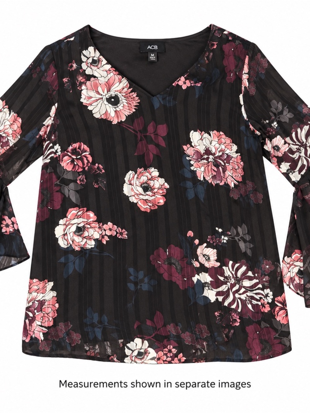 AGB Women’s XL Black Floral Sheer Tiered Bell Sleeve Blouse